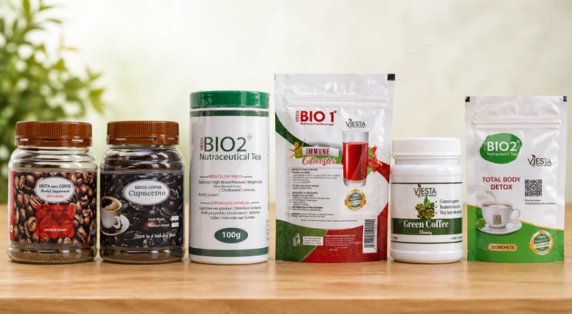 A selection of real Viesta teas, coffees and nutrition products