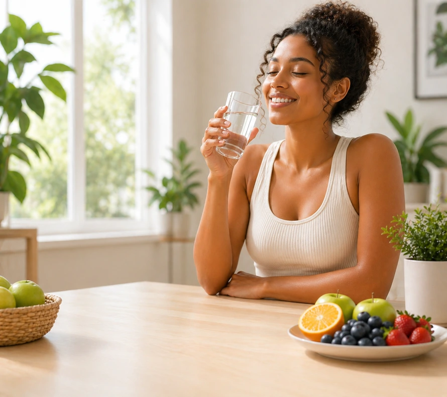 A person enjoying water beside fresh fruit in a bright room